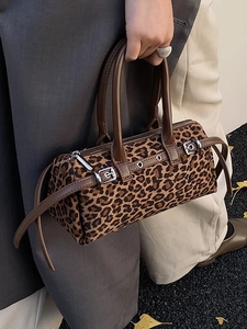Retro leopard print suede barrel bag with brown leather handles for stylish women