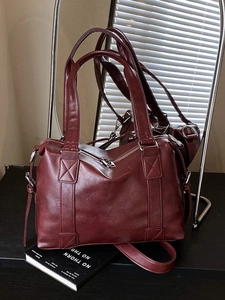 Classic burgundy PU leather tote bag with cross-stitched handles and long shoulder strap