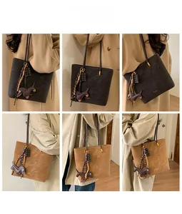 Minimalist faux suede tote bag shown in multiple lifestyle scenes with charm detail