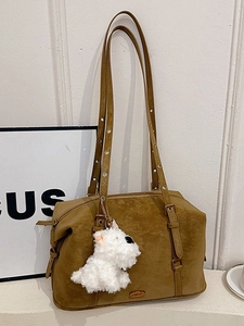 Women Retro PU Leather Pillow Shoulder Bag Large Capacity Suede Texture Boston Bag With Plush Dog Charm Casual Commuter Bag
