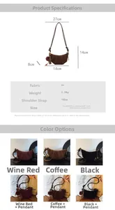 Detailed size specifications for the moon-shaped bag with multiple color options