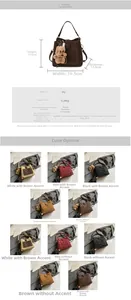 Detailed size specifications and material chart for the vintage PU leather bucket bag