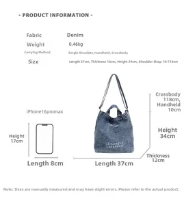 Denim bucket bag size comparison with dimensions and iPhone for scale reference