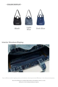 Detailed close-up of the internal zipper pocket and denim fabric texture of the tote bag
