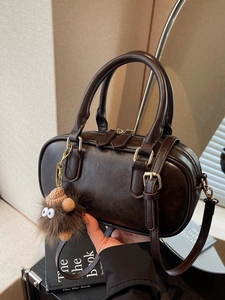 Women Retro PU Leather Boston Pillow Bag Fashion Casual Small Crossbody Shoulder Bag With Plush Monster Charm Pendant