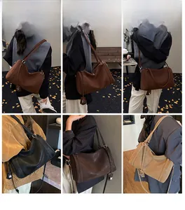 Multiple views of minimalist crossbody tote bag with adjustable drawstring and metal charm