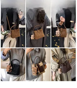 Collage of vintage bucket bags in brown, black, and beige with cute teddy bear charms