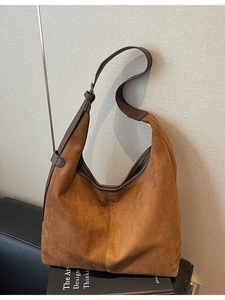 Brown matte suede hobo shoulder bag for women with adjustable strap and large capacity