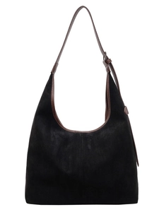 Minimalist black frosted leather hobo shoulder bag with brown adjustable straps