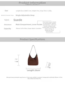 Spécifications de taille pour sac croissant en daim marron avec dimensions 26x11x17cm