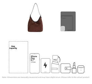 Diagramme de capacité du sac hobo en daim marron contenant téléphone et accessoires