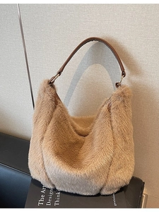 Chic camel faux fur shoulder bag with brown leather strap for autumn winter fashion
