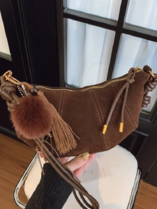 Vintage PU Frosted Suede Texture Croissant Dumpling Bag Stylish Stitching Crossbody Shoulder Bag With Tassel Pom Pom Women