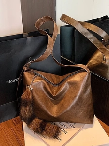 Women Retro PU Leather Tote Bag Large Capacity Shoulder Crossbody Bag With Furry Tail Pendant Lazy Style Casual Handbag