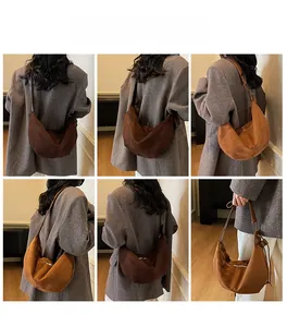 Brown suede crescent bag shown with diverse styling options for women in daily settings