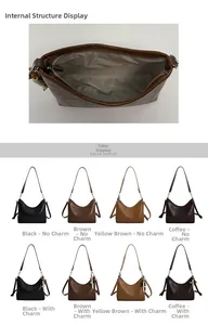Detailed grid of faux leather crescent bags in black, brown, and tan with inner lining view