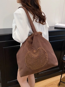 Retro large capacity brown canvas tote bag with a soft faux shearling heart patch