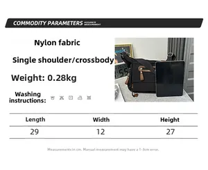 Detailed size chart for black nylon messenger bag measuring 29cm x 12cm x 27cm and 0.28kg weight