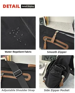 Detail view of water-resistant fabric, brown leather zipper, and adjustable strap