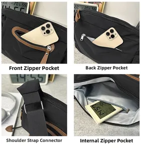 Detail view of black nylon messenger bag featuring multiple pockets and metal hardware