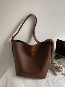 Sac Seau en Cuir PU Rétro pour Femmes Grande Capacité Motif Lychee Sac à Bandoulière Avec Serrure Métallique