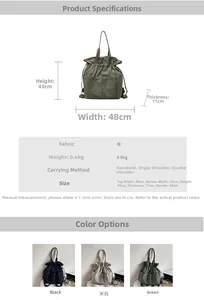Detailed size chart showing dimensions and multiple colors for a versatile bucket backpack