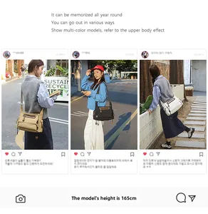 Three-view collage of vintage utility messenger bag shown on 165cm model in casual style