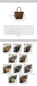Detail view of contrast bucket bag showing PU leather texture and dimensions