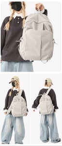 Three-angle view of lightweight light gray plaid backpack for commuting and travel