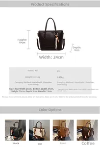 Size chart for PU leather bucket bag with dimensions 24x19x9cm in four various colors