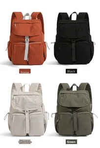 Multi-angle view of water-resistant nylon backpacks in orange, black, beige, and green colors