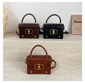 Close-up of retro crossbody bags in black and brown with elegant gold oval locks