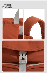 Detail shot of durable reinforced straps and plastic buckles on the nylon backpack
