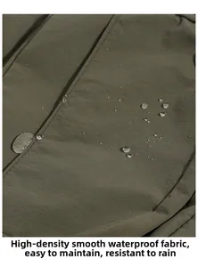 Close-up of high-density waterproof nylon fabric with raindrops on olive green backpack