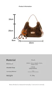 Detailed size chart for brown plush dumpling bag showing dimensions and adjustable strap