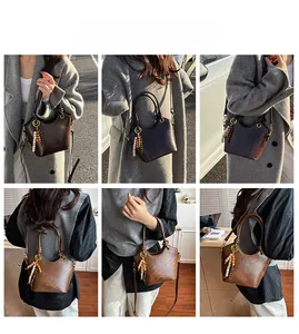 Collage of retro bucket bag styles showing hand-carried and crossbody strap versatility