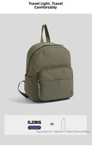 Detail view of military green lightweight nylon backpack weighing only 0.23kg for travel