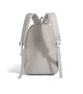 Rear view of light grey plaid backpack showing padded straps and side pocket detail