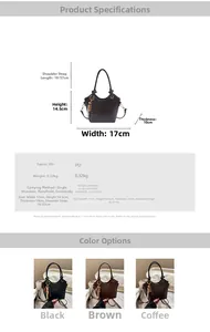 Size guide for PU leather bucket bag showing dimensions and colors for women crossbody