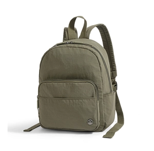 Detail view of olive green nylon backpack with front pocket and metal brand logo