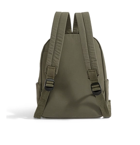 Detail view of olive green nylon backpack straps with adjustable black plastic buckles