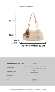Detailed dimension guide for plush beige shoulder bag with cute owl charm accessory