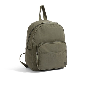 Detailed side view of military green nylon backpack showing texture and front zipper pocket