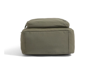 Detail view of the durable army green nylon backpack base with sturdy stitching