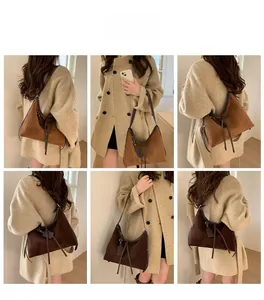 Detailed views of vintage large capacity matte shoulder bag with fringe drawstring tassels
