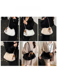 Detailed views of fuzzy faux fur shoulder bag featuring a cute teddy bear charm pendant