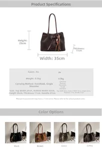 Size chart for tote bag showing dimensions 35x25x11cm and four color options in PU leather