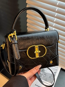 Vintage Quilted PU Leather Crossbody Bag For Women Elegant Metal Lock Top Handle Handbag Chic Shoulder Square Bag Daily Commuter