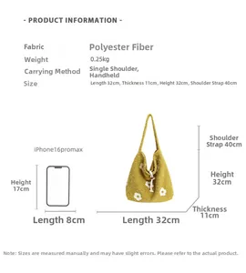 Detailed size comparison of the yellow floral plush tote bag with an iPhone 16 Pro Max