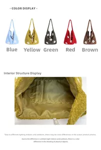 Detail view of floral embroidery plush tote bag interior with multiple color options